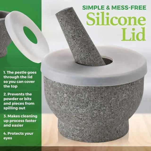 Alt view image 2 of 7 - Granite Mortar and Pestle Pill Crusher Set - Easy Grip Non-Slip Stone Muddler & Deep Bowl with Silicone Lid - Grinder for Pills, Tablets, Vitamins or as Molcajete Herb for Salsa Guacamole and More