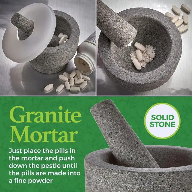 Alt view image 4 of 7 - Granite Mortar and Pestle Pill Crusher Set - Easy Grip Non-Slip Stone Muddler & Deep Bowl with Silicone Lid - Grinder for Pills, Tablets, Vitamins or as Molcajete Herb for Salsa Guacamole and More