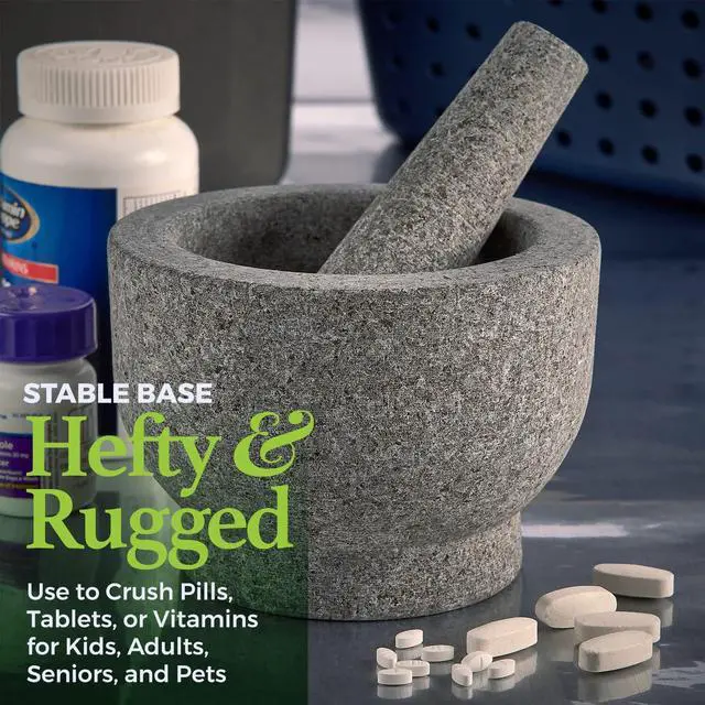 Alt view image 6 of 7 - Granite Mortar and Pestle Pill Crusher Set - Easy Grip Non-Slip Stone Muddler & Deep Bowl with Silicone Lid - Grinder for Pills, Tablets, Vitamins or as Molcajete Herb for Salsa Guacamole and More