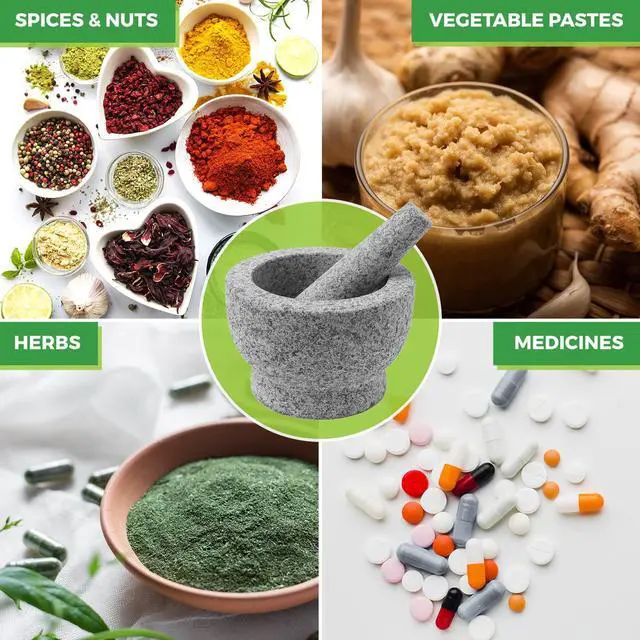 Alt view image 5 of 7 - Granite Mortar and Pestle Pill Crusher Set - Easy Grip Non-Slip Stone Muddler & Deep Bowl with Silicone Lid - Grinder for Pills, Tablets, Vitamins or as Molcajete Herb for Salsa Guacamole and More