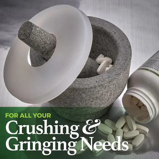 Alt view image 7 of 7 - Granite Mortar and Pestle Pill Crusher Set - Easy Grip Non-Slip Stone Muddler & Deep Bowl with Silicone Lid - Grinder for Pills, Tablets, Vitamins or as Molcajete Herb for Salsa Guacamole and More