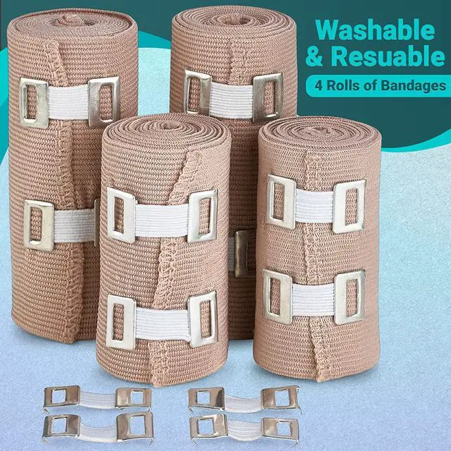 Alt view image 2 of 7 - Elastic Compression Bandage Wrap - (Set of 4) with Hooks, Athletic Sport Support Tape Rolls for Ankle, Wrist, Arm, Leg Sprains | Each First Aid Bandages Roll Measures 4 Inch x 5 Feet
