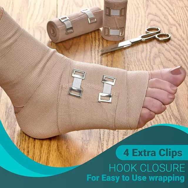Alt view image 3 of 7 - Elastic Compression Bandage Wrap - (Set of 4) with Hooks, Athletic Sport Support Tape Rolls for Ankle, Wrist, Arm, Leg Sprains | Each First Aid Bandages Roll Measures 4 Inch x 5 Feet