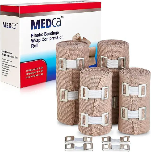 Main image of Elastic Compression Bandage Wrap - (Set of 4) with Hooks, Athletic Sport Support Tape Rolls for Ankle, Wrist, Arm, Leg Sprains | Each First Aid Bandages Roll Measures 4 Inch x 5 Feet