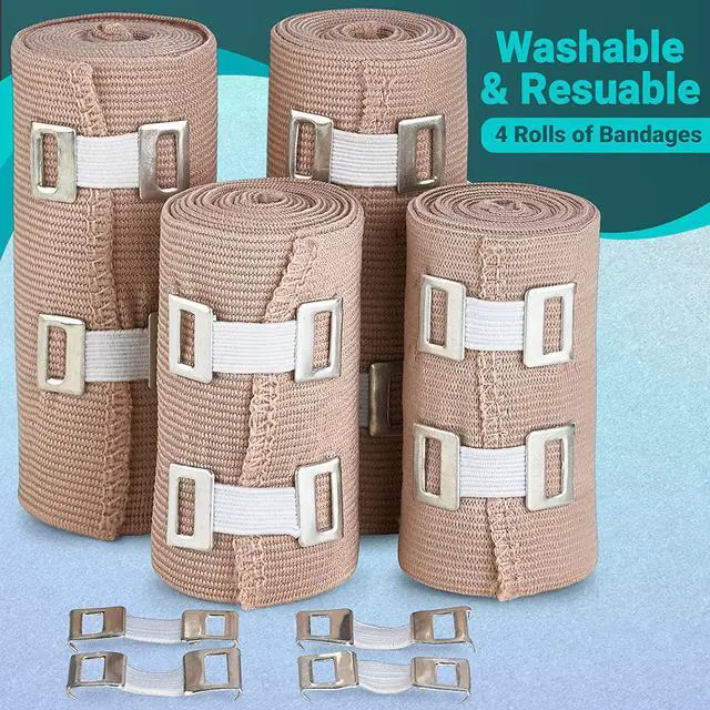 Alt view image 2 of 7 - Elastic Compression Bandage Wrap - (Set of 4) with Hooks, Athletic Sport Support Tape Rolls for Ankle, Wrist, Arm, Leg Sprains | Each First Aid Bandages Roll Measures 4 Inch x 5 Feet