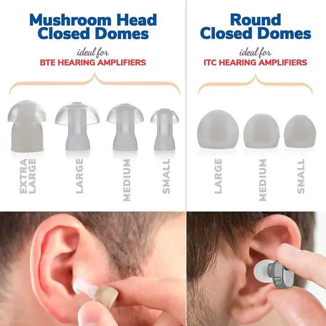 Alt view image 2 of 7 - Hearing Aid Domes - Universal Domes for Hearing Aids - Sizes Small, Medium, Large & X-Large Earbud Replacements and BTE Hearing Sound Amplifiers