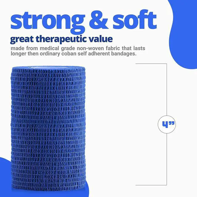 Alt view image 6 of 7 - Self-Adherent Cohesive Bandage - Blue Medical Wrap - 16 Rolls 4" Wide x 5 Yards Sports Tape for Medical Use, Sports, First Aid and Helps Protect Skin