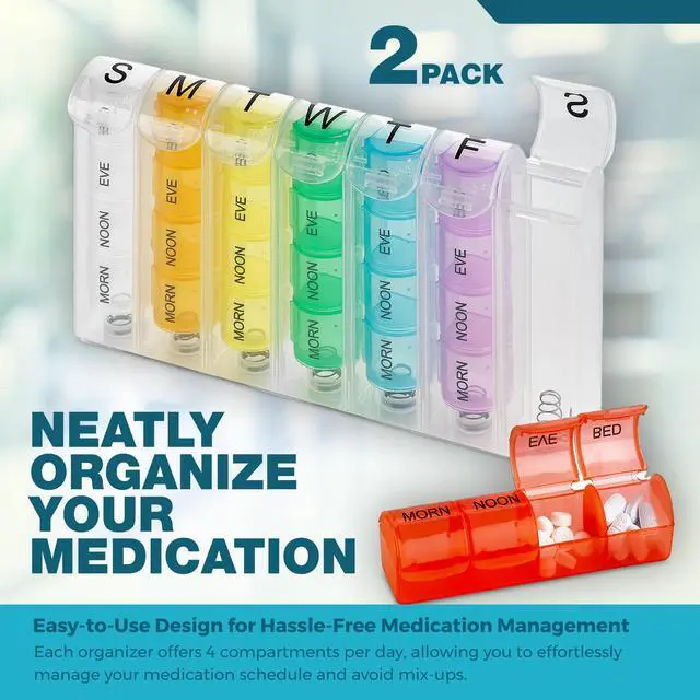 Alt view image 2 of 7 - Weekly Pill Organizer - (Pack of 2) Pill Planners for Pills & Vitamins Each Day Week, Four Times-a-Day Medication Reminder, Easy to Read AM/PM Compartments Monday to Sunday for Travel & Purse