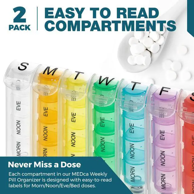 Alt view image 4 of 7 - Weekly Pill Organizer - (Pack of 2) Pill Planners for Pills & Vitamins Each Day Week, Four Times-a-Day Medication Reminder, Easy to Read AM/PM Compartments Monday to Sunday for Travel & Purse