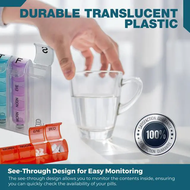 Alt view image 6 of 7 - Weekly Pill Organizer - (Pack of 2) Pill Planners for Pills & Vitamins Each Day Week, Four Times-a-Day Medication Reminder, Easy to Read AM/PM Compartments Monday to Sunday for Travel & Purse