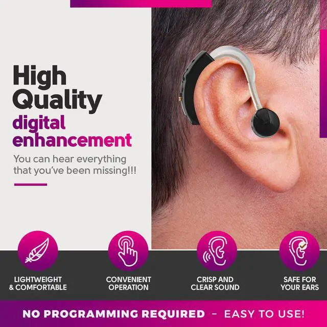 Alt view image 3 of 7 - Digital Hearing Amplifiers - Set of 2 Small BTE Sound Amplifiers, a Behind The Ear Personal Amplification Device and Sound Enhancer Aids with Noise Reducing Feature for Adults, Seniors & Women, Black