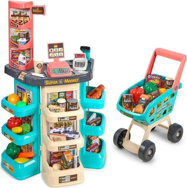 Main image of MEDca Kids Play Supermarket Set with Scanner - Pretend Play Grocery Shop Set - 47 Piece Complete Playset with Cash Register Credit Card Machine Scanner Shop Trolley and Food Gift for Boys and Girls