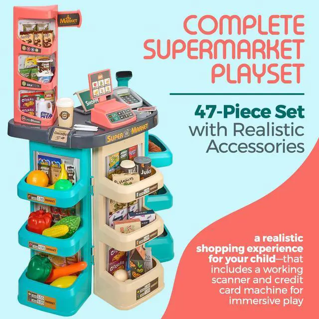 Alt view image 2 of 7 - MEDca Kids Play Supermarket Set with Scanner - Pretend Play Grocery Shop Set - 47 Piece Complete Playset with Cash Register Credit Card Machine Scanner Shop Trolley and Food Gift for Boys and Girls