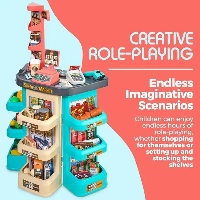 Alt view image 3 of 7 - MEDca Kids Play Supermarket Set with Scanner - Pretend Play Grocery Shop Set - 47 Piece Complete Playset with Cash Register Credit Card Machine Scanner Shop Trolley and Food Gift for Boys and Girls
