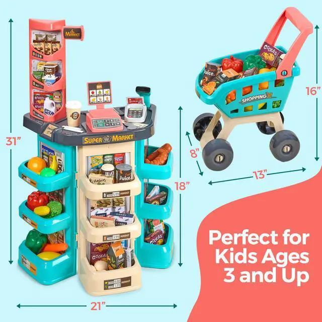 Alt view image 5 of 7 - MEDca Kids Play Supermarket Set with Scanner - Pretend Play Grocery Shop Set - 47 Piece Complete Playset with Cash Register Credit Card Machine Scanner Shop Trolley and Food Gift for Boys and Girls