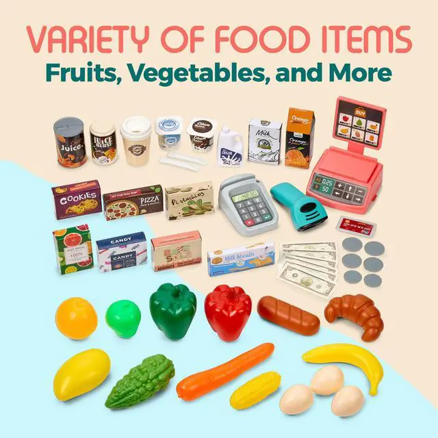 Alt view image 6 of 7 - MEDca Kids Play Supermarket Set with Scanner - Pretend Play Grocery Shop Set - 47 Piece Complete Playset with Cash Register Credit Card Machine Scanner Shop Trolley and Food Gift for Boys and Girls