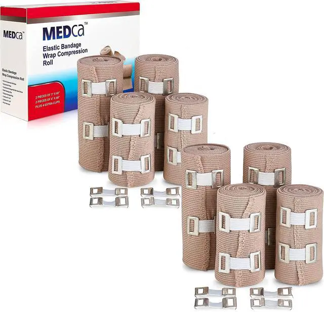 Main image of Elastic Compression Bandage Wrap - Premium Quality (Set of 8) w/Hooks, Athletic Sport Support Tape Rolls for Ankle, Wrist, Arm, Leg Sprains First Aid Bandages Measure (4)- 4" x 5 Ft (4)- 3" x 5 Ft