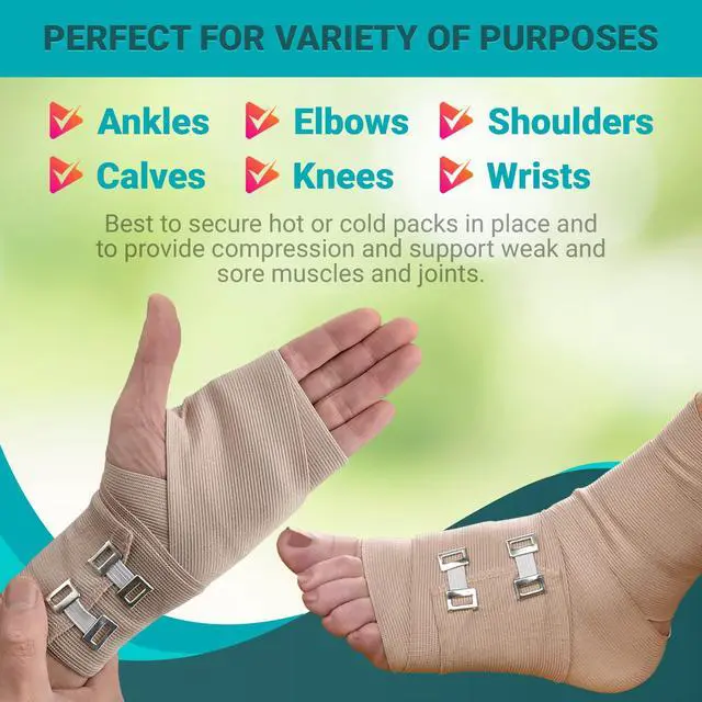 Alt view image 4 of 7 - Elastic Compression Bandage Wrap - Premium Quality (Set of 8) w/Hooks, Athletic Sport Support Tape Rolls for Ankle, Wrist, Arm, Leg Sprains First Aid Bandages Measure (4)- 4" x 5 Ft (4)- 3" x 5 Ft
