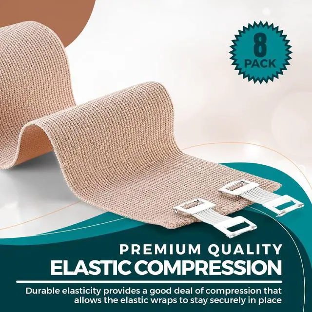 Alt view image 2 of 7 - MEDca Elastic Compression Bandage Wrap - First Aid Bandages Roll Measures 2", 3", 4", 6" x 5 Ft with 4 Extra Hooks - Athletic Sports Stretch Wraps for Ankle, Wrist, Arm & Leg Sprains (Pack of 8)