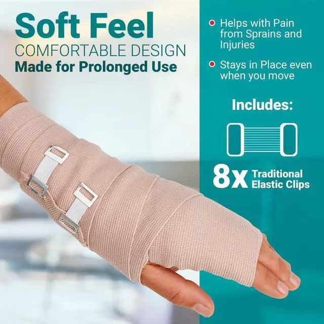 Alt view image 5 of 7 - MEDca Elastic Compression Bandage Wrap - First Aid Bandages Roll Measures 2", 3", 4", 6" x 5 Ft with 4 Extra Hooks - Athletic Sports Stretch Wraps for Ankle, Wrist, Arm & Leg Sprains (Pack of 8)