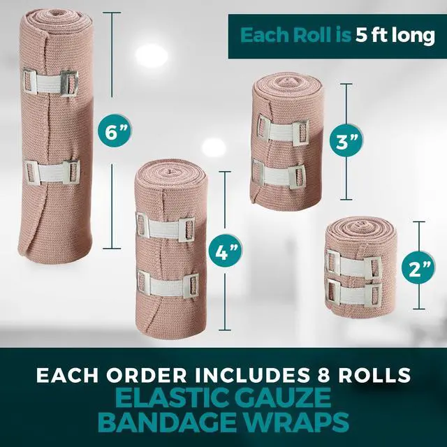 Alt view image 7 of 7 - MEDca Elastic Compression Bandage Wrap - First Aid Bandages Roll Measures 2", 3", 4", 6" x 5 Ft with 4 Extra Hooks - Athletic Sports Stretch Wraps for Ankle, Wrist, Arm & Leg Sprains (Pack of 8)