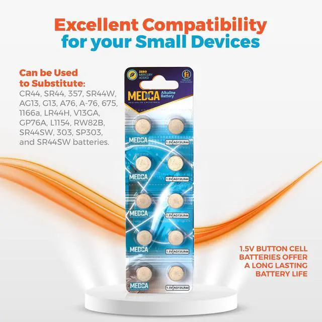 Alt view image 3 of 7 - MEDca 1.5V Alkaline Batteries - LR44 AG13 357 303 SR44 Battery - Button Coin Cell for Hearing Aids and Amplifiers, Toys, Remotes, Calculators, Lasers | Long Lasting Power | Anti Corrosion | 30 PCS