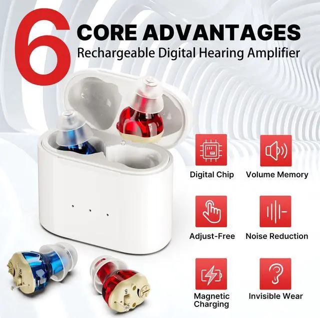 Alt view image 2 of 7 - Rechargeable Digital Hearing Amplifier Aid - Mini CIC Inner-Ear Personal Sound Amplification Device for Adults and Seniors - Fully Digital Technology with USB Portable Charging Case