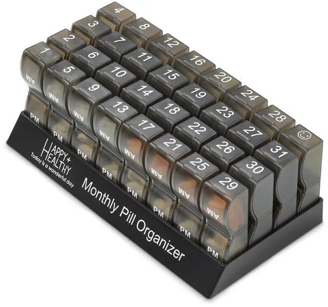 Main image of Monthly Pill Organizer - Am/Pm Daily Pill Organizer 32 Compartments for Each Day, Pill Dispenser and Dispenser Caddy That Helps You Organize Your Life, Perfect for Supplements and Medication, Black