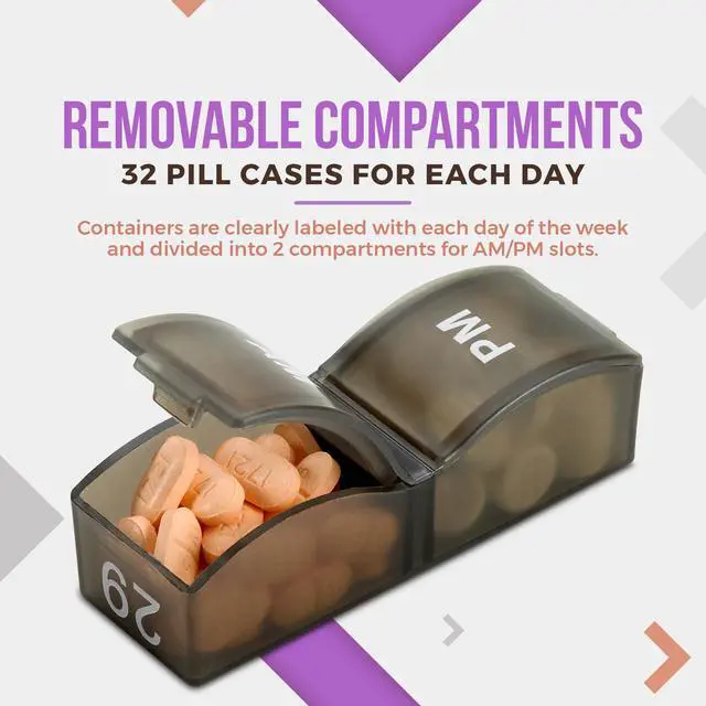 Alt view image 3 of 7 - Monthly Pill Organizer - Am/Pm Daily Pill Organizer 32 Compartments for Each Day, Pill Dispenser and Dispenser Caddy That Helps You Organize Your Life, Perfect for Supplements and Medication, Black
