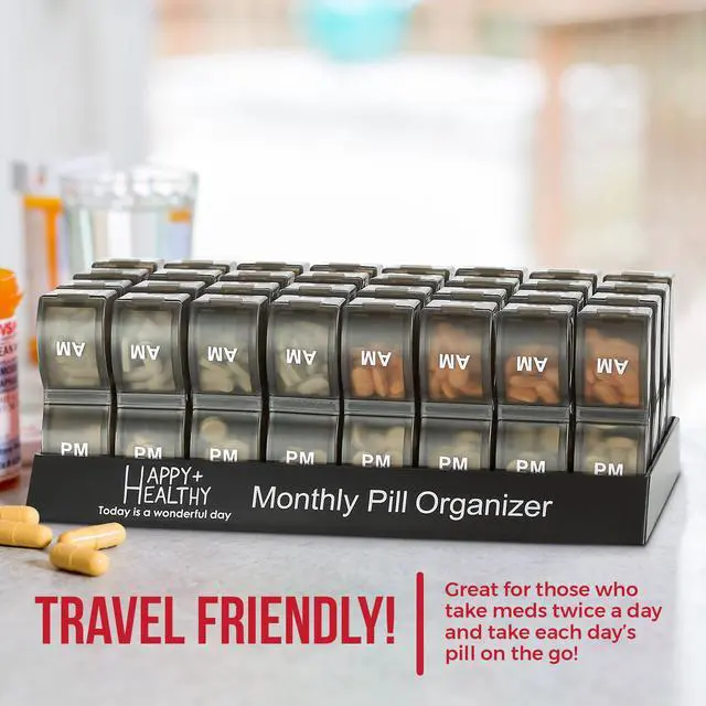 Alt view image 4 of 7 - Monthly Pill Organizer - Am/Pm Daily Pill Organizer 32 Compartments for Each Day, Pill Dispenser and Dispenser Caddy That Helps You Organize Your Life, Perfect for Supplements and Medication, Black
