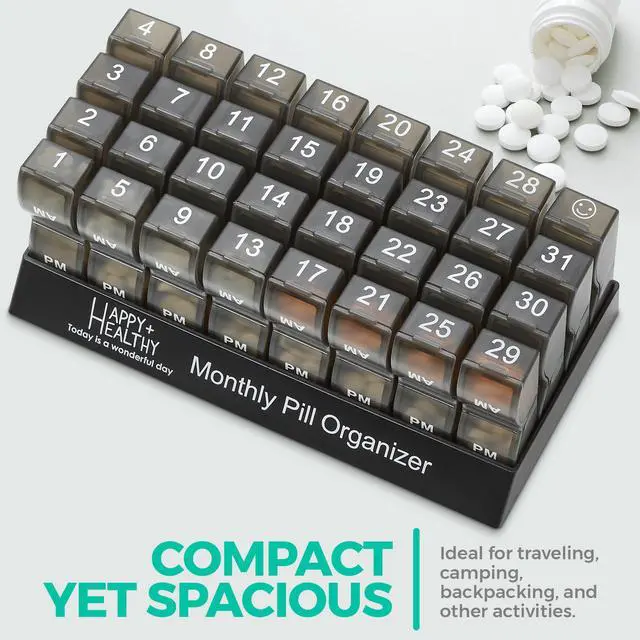 Alt view image 6 of 7 - Monthly Pill Organizer - Am/Pm Daily Pill Organizer 32 Compartments for Each Day, Pill Dispenser and Dispenser Caddy That Helps You Organize Your Life, Perfect for Supplements and Medication, Black