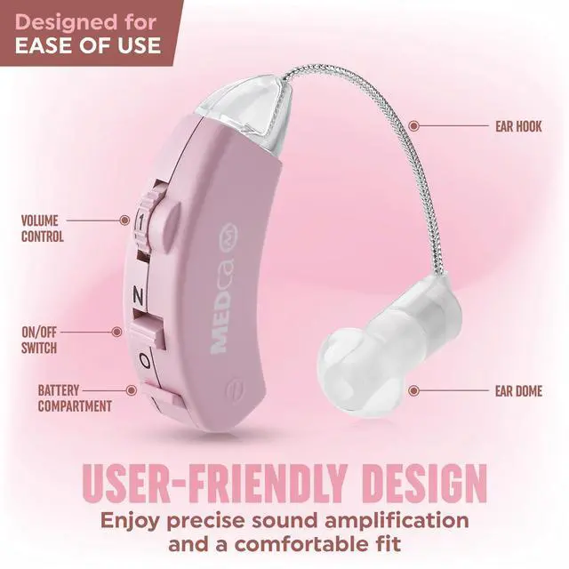 Alt view image 6 of 7 - MEDca Behind the Ear Digital Hearing Amplifier with Noise Reduction, Pink