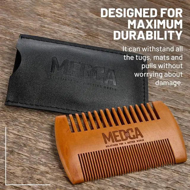 Alt view image 4 of 6 - Wooden Beard Comb for Men - Handcrafted Solid Beechwood Beard, Mustache and Head Hair Pocket Comb with Leather Case - Dual Action Fine & Coarse Teeth