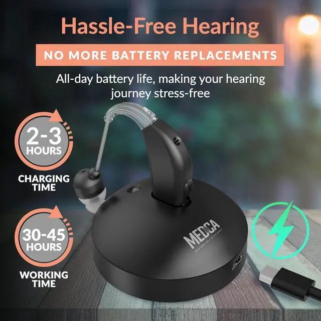 Alt view image 3 of 7 - Digital Hearing Amplifier Pair - Personal Sound Amplification Device, Rechargeable All-Day Battery Life Lightweight Behind The Ear BTE Sound Aid and Voice Hearing Amplifiers, Black