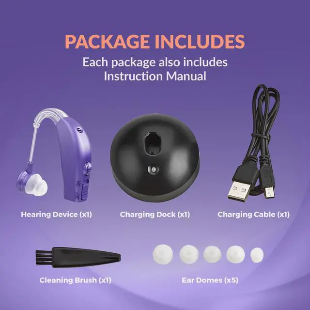 Alt view image 6 of 7 - Digital Hearing Aid Amplifier Set - Rechargeable Behind the Ear Personal Sound Amplification Device - for Adults and Seniors with All-Day Battery Life, (Single Unit, Purple)