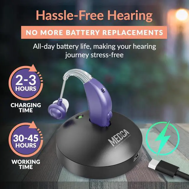 Alt view image 3 of 7 - Digital Hearing Aid Amplifier Set - Rechargeable Behind the Ear Personal Sound Amplification Device - for Adults and Seniors with All-Day Battery Life, (Single Unit, Purple)