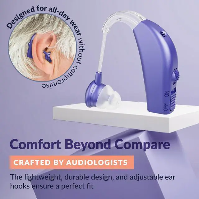 Alt view image 4 of 7 - Digital Hearing Aid Amplifier Set - Rechargeable Behind the Ear Personal Sound Amplification Device - for Adults and Seniors with All-Day Battery Life, (Single Unit, Purple)