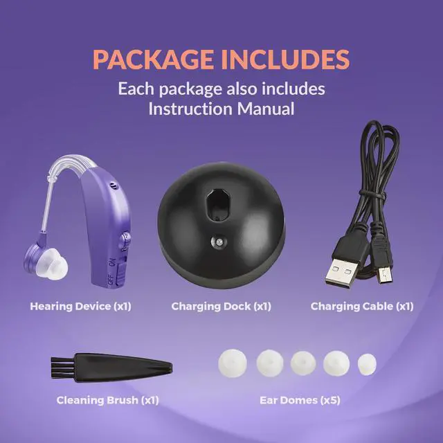 Alt view image 6 of 7 - Digital Hearing Aid Amplifier Set - Rechargeable Behind the Ear Personal Sound Amplification Device - for Adults and Seniors with All-Day Battery Life, (Single Unit, Purple)