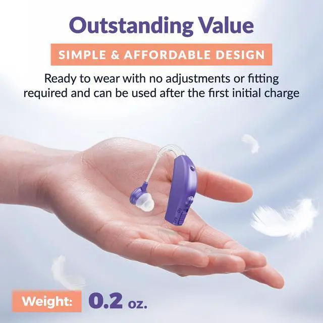 Alt view image 7 of 7 - Digital Hearing Aid Amplifier Set - Rechargeable Behind the Ear Personal Sound Amplification Device - for Adults and Seniors with All-Day Battery Life, (Single Unit, Purple)