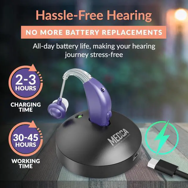 Alt view image 3 of 6 - Digital Hearing Aid Amplifier Set - Rechargeable Behind the Ear Personal Sound Amplification Device - for Adults and Seniors with All-Day Battery Life, (Single Unit, Purple)