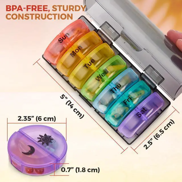 Alt view image 3 of 7 - Weekly Pill Organizer - 2 Times-A-Day Compartments - 7 Day AM/PM Pill Container - Portable, Durable and Convenient Travel Pills Case for Tablets, Fish Oils, Vitamins and Supplements, Rainbow, 1 Pack