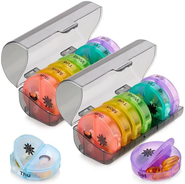 Main image of Weekly Pill Organizer - 2 Times-A-Day Compartments - 7 Day AM/PM Pill Container - Portable, Durable and Convenient Travel Pills Case for Tablets, Fish Oils, Vitamins and Supplements, Rainbow, 2 Pack