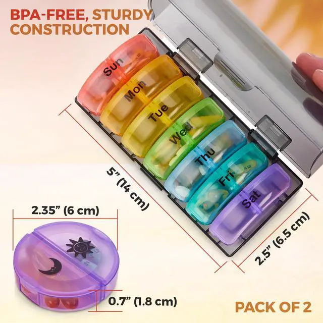 Alt view image 3 of 7 - Weekly Pill Organizer - 2 Times-A-Day Compartments - 7 Day AM/PM Pill Container - Portable, Durable and Convenient Travel Pills Case for Tablets, Fish Oils, Vitamins and Supplements, Rainbow, 2 Pack