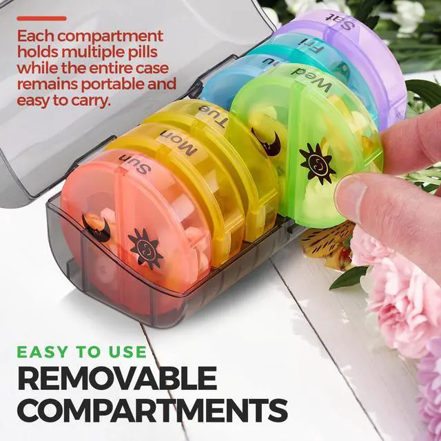 Alt view image 5 of 7 - Weekly Pill Organizer - 2 Times-A-Day Compartments - 7 Day AM/PM Pill Container - Portable, Durable and Convenient Travel Pills Case for Tablets, Fish Oils, Vitamins and Supplements, Rainbow, 2 Pack