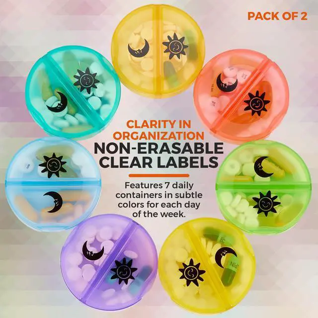 Alt view image 7 of 7 - Weekly Pill Organizer - 2 Times-A-Day Compartments - 7 Day AM/PM Pill Container - Portable, Durable and Convenient Travel Pills Case for Tablets, Fish Oils, Vitamins and Supplements, Rainbow, 2 Pack
