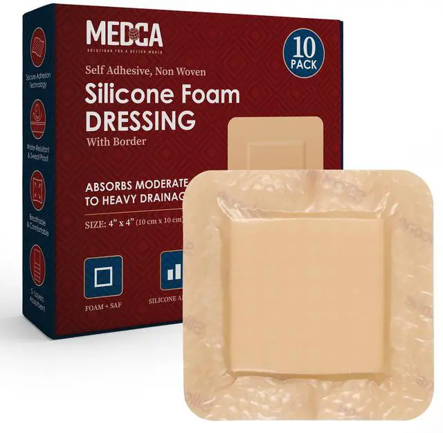 Main image of MEDca Silicone Foam Dressing w/ Adhesive Border 4"x4" (Pack of 10) Waterproof Silicone Bandages for Wounds, Highly-Absorbent Wound Dressing Bandage Care for Bed Sore Bandages, Pressure Sores, Ulcers