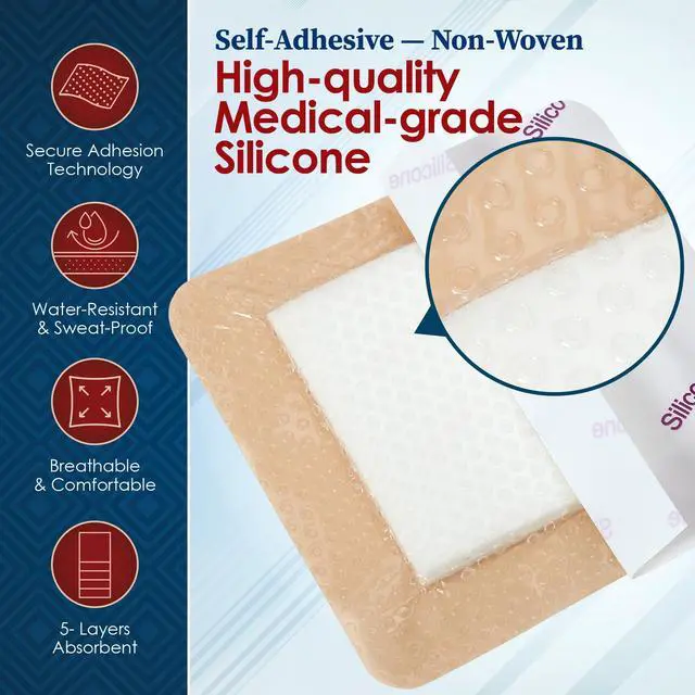 Alt view image 7 of 7 - MEDca Silicone Foam Dressing w/ Adhesive Border 4"x4" (Pack of 10) Waterproof Silicone Bandages for Wounds, Highly-Absorbent Wound Dressing Bandage Care for Bed Sore Bandages, Pressure Sores, Ulcers