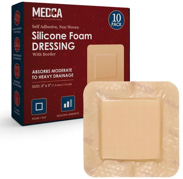 Main image of MEDca Silicone Foam Dressing w/ Adhesive Border 3"x3" (Pack of 10) Waterproof Silicone Bandages for Wounds, Highly-Absorbent Wound Dressing Bandage Care for Bed Sore Bandages, Pressure Sores, Ulcers