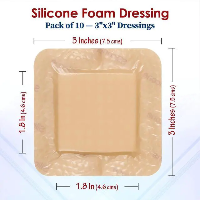 Alt view image 2 of 7 - MEDca Silicone Foam Dressing w/ Adhesive Border 3"x3" (Pack of 10) Waterproof Silicone Bandages for Wounds, Highly-Absorbent Wound Dressing Bandage Care for Bed Sore Bandages, Pressure Sores, Ulcers