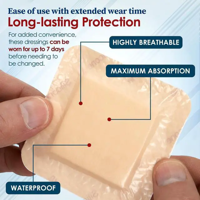 Alt view image 6 of 7 - MEDca Silicone Foam Dressing w/ Adhesive Border 3"x3" (Pack of 10) Waterproof Silicone Bandages for Wounds, Highly-Absorbent Wound Dressing Bandage Care for Bed Sore Bandages, Pressure Sores, Ulcers